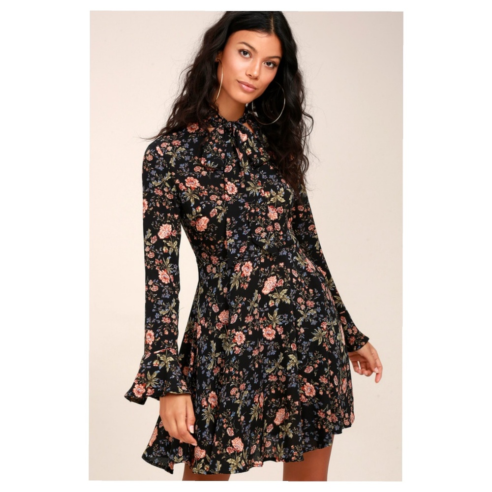 Black Floral Long Sleeve Tie Neck Dress